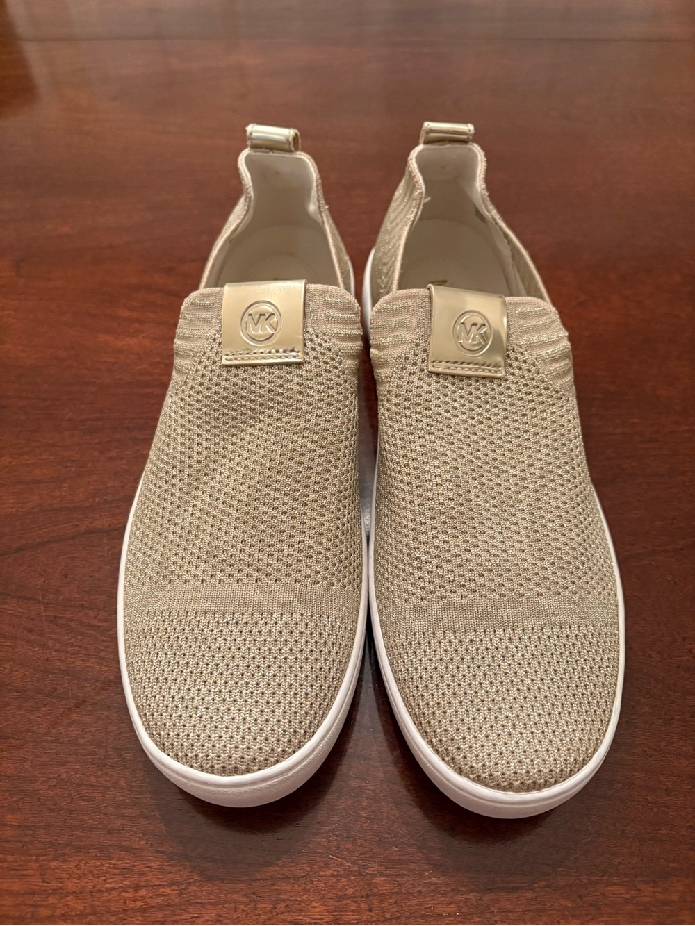 Michael Kors Juno Metallic Gold Stretch Knit Slip On Sneaker Shoes, Size 8.5